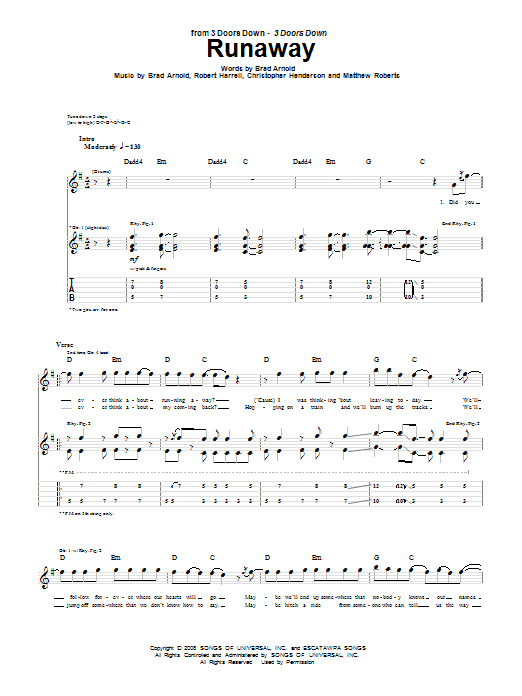3 Doors Down Runaway Sheet Music Notes & Chords for Guitar Tab - Download or Print PDF
