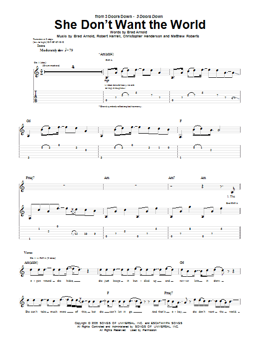 3 Doors Down She Don't Want The World Sheet Music Notes & Chords for Piano, Vocal & Guitar (Right-Hand Melody) - Download or Print PDF
