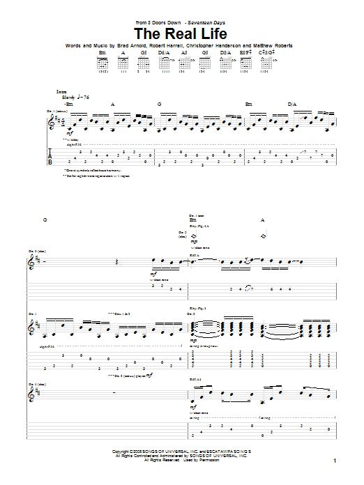 3 Doors Down The Real Life Sheet Music Notes & Chords for Guitar Tab - Download or Print PDF