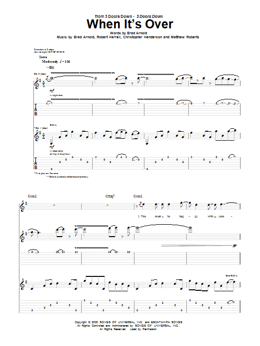 3 Doors Down When It's Over Sheet Music Notes & Chords for Piano, Vocal & Guitar (Right-Hand Melody) - Download or Print PDF
