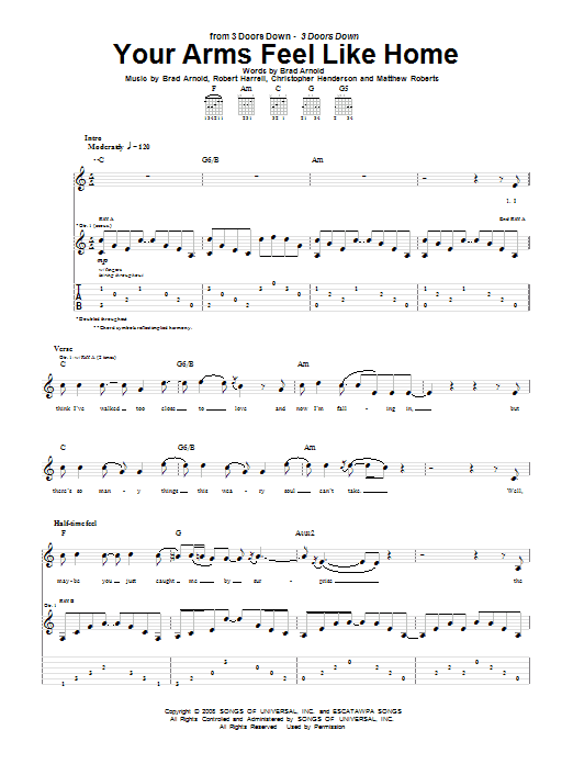 3 Doors Down Your Arms Feel Like Home Sheet Music Notes & Chords for Piano, Vocal & Guitar (Right-Hand Melody) - Download or Print PDF