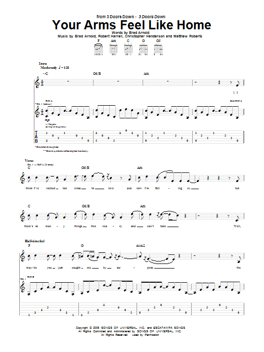 3 Doors Down Your Arms Feel Like Home Sheet Music Notes & Chords for Guitar Tab - Download or Print PDF