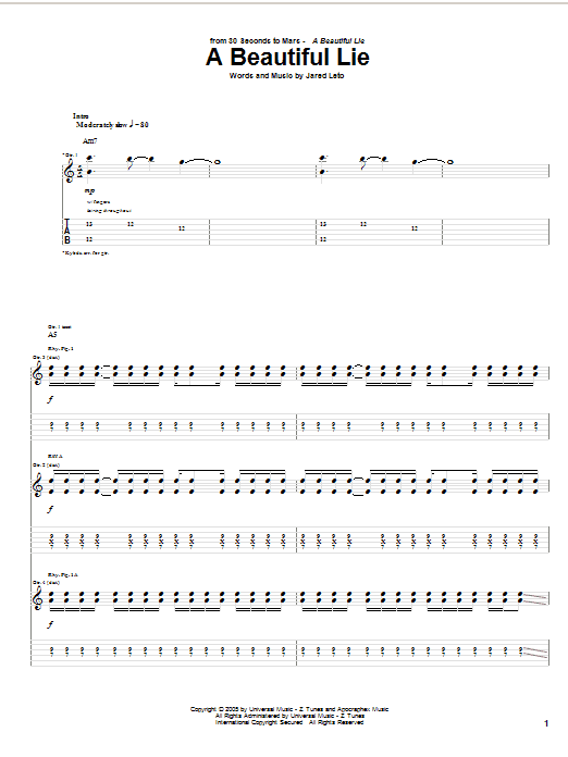 30 Seconds To Mars A Beautiful Lie Sheet Music Notes & Chords for Lyrics & Chords - Download or Print PDF