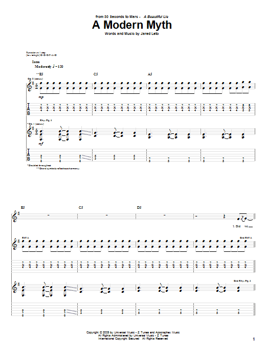 30 Seconds To Mars A Modern Myth Sheet Music Notes & Chords for Guitar Tab - Download or Print PDF