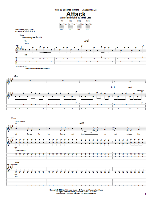 30 Seconds To Mars Attack Sheet Music Notes & Chords for Guitar Tab - Download or Print PDF