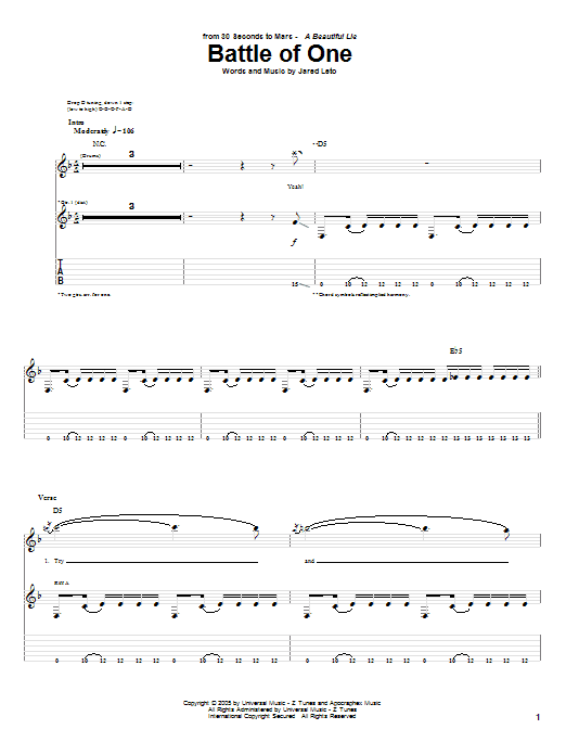 30 Seconds To Mars Battle Of One Sheet Music Notes & Chords for Guitar Tab - Download or Print PDF