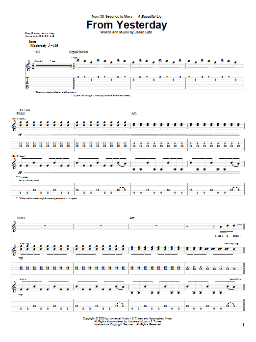 30 Seconds To Mars From Yesterday Sheet Music Notes & Chords for Guitar Tab - Download or Print PDF