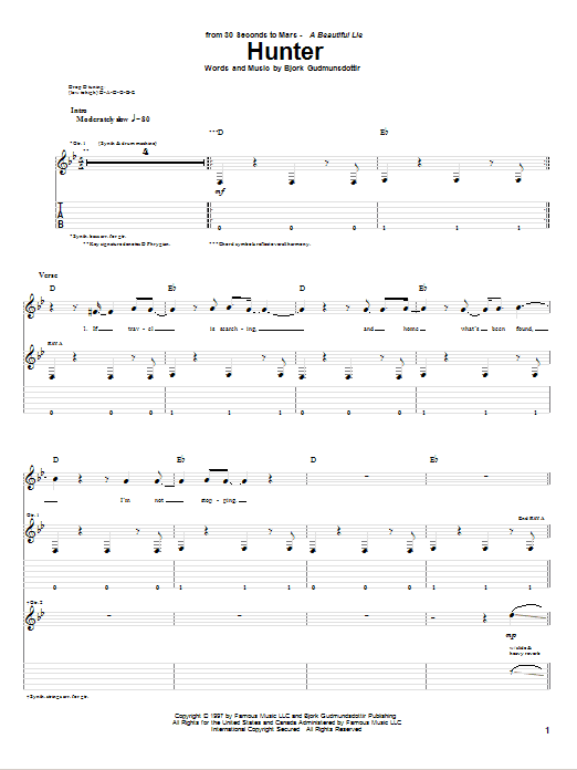 30 Seconds To Mars Hunter Sheet Music Notes & Chords for Guitar Tab - Download or Print PDF