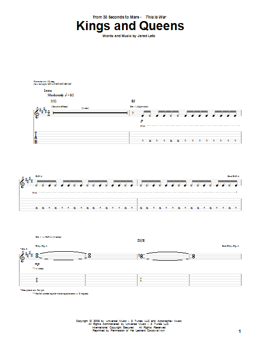 30 Seconds To Mars Kings And Queens Sheet Music Notes & Chords for Guitar Tab - Download or Print PDF