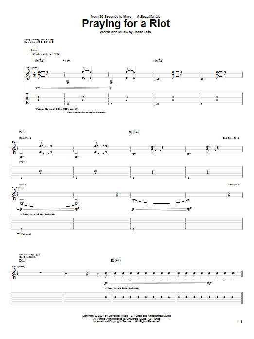 30 Seconds To Mars Praying For A Riot Sheet Music Notes & Chords for Guitar Tab - Download or Print PDF