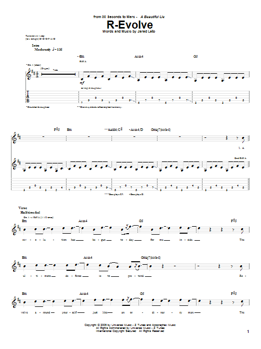 30 Seconds To Mars R-Evolve Sheet Music Notes & Chords for Guitar Tab - Download or Print PDF