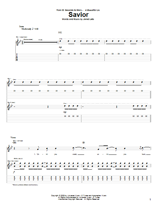 30 Seconds To Mars Savior Sheet Music Notes & Chords for Guitar Tab - Download or Print PDF