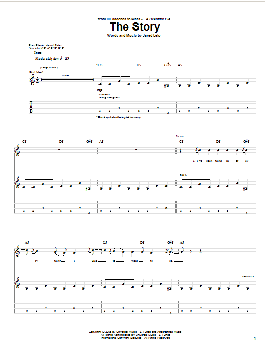 30 Seconds To Mars The Story Sheet Music Notes & Chords for Guitar Tab - Download or Print PDF