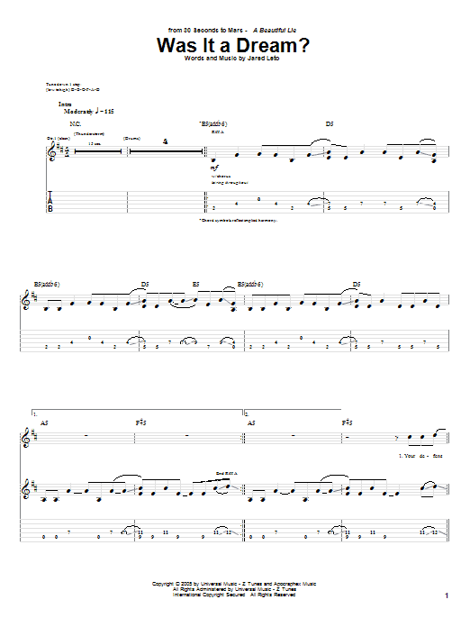 30 Seconds To Mars Was It A Dream? Sheet Music Notes & Chords for Guitar Tab - Download or Print PDF