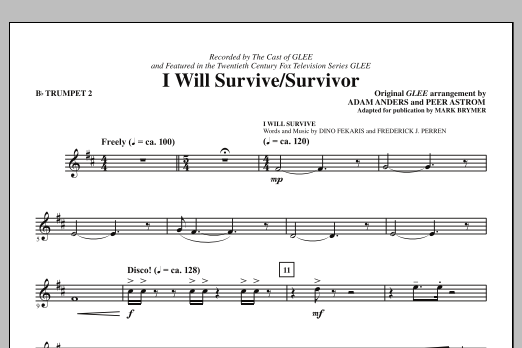 Preview Glee Cast I Will Survive/Survivor (arr. Mark Brymer) - Bb Trumpet 2 Disco sheet music, notes and chords for Choir Instrumental Pak, SKU: 305957 sheet music, piano notes, chords, guitar tabs, score, transpose, transcribe, how to play, guide, download, learn, tutorial, progression, song, artist, awards, billboard, mtv, vh1, tour, single, album, release