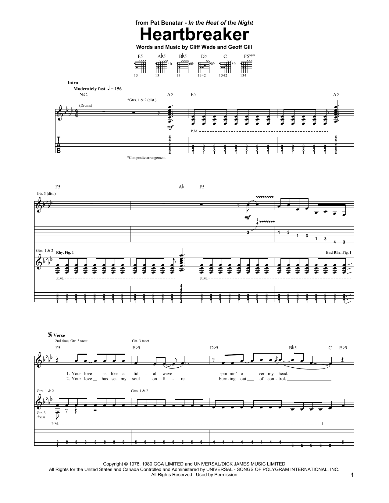 Preview Pat Benatar Heartbreaker Rock sheet music, notes and chords for Guitar Tab, SKU: 30833 sheet music, piano notes, chords, guitar tabs, score, transpose, transcribe, how to play, guide, download, learn, tutorial, progression, song, artist, awards, billboard, mtv, vh1, tour, single, album, release
