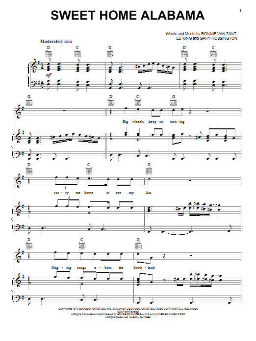 Lynyrd Skynyrd Sweet Home Alabama Sheet Music Notes Chords Download Pop Notes Piano Vocal Guitar Right Hand Melody Pdf Print 31058