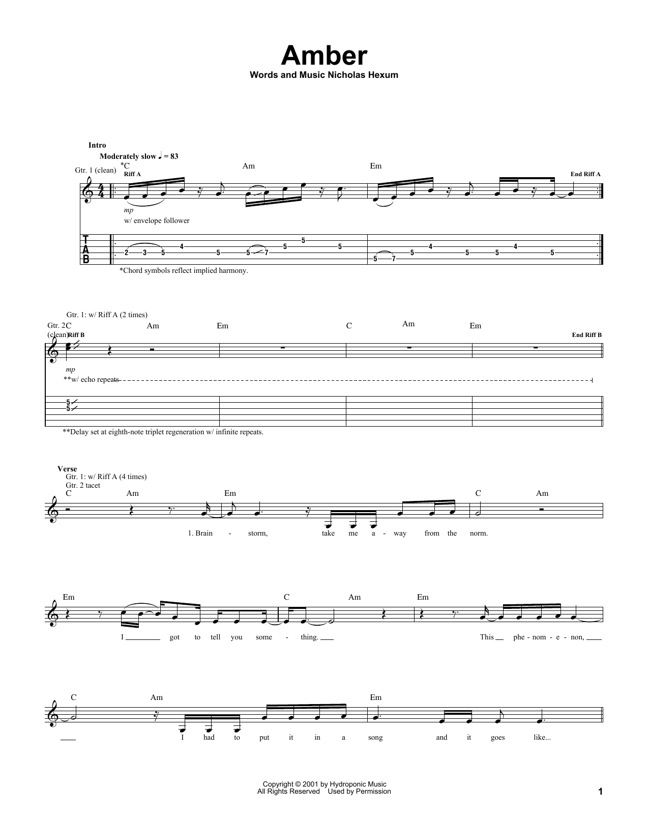 311 Amber Sheet Music Notes & Chords for Guitar Tab - Download or Print PDF