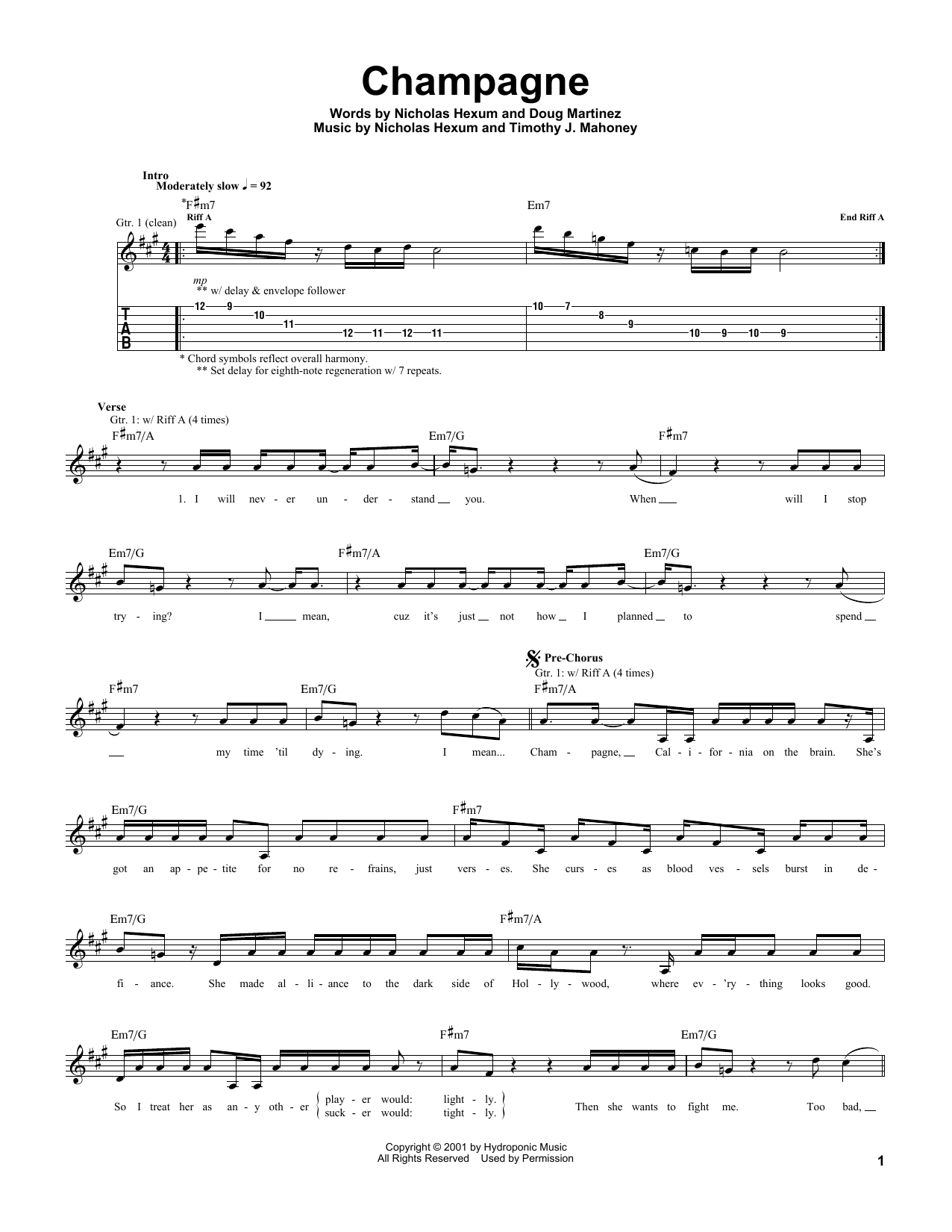 311 Champagne Sheet Music Notes & Chords for Guitar Tab - Download or Print PDF