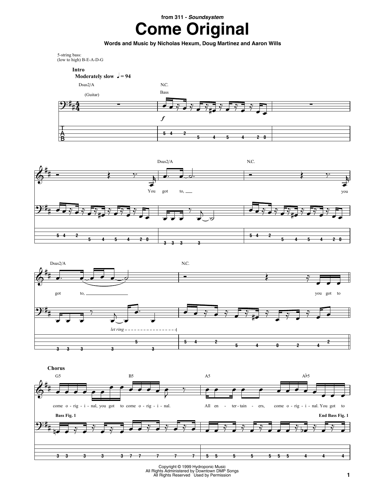 311 Come Original Sheet Music Notes & Chords for Bass Guitar Tab - Download or Print PDF