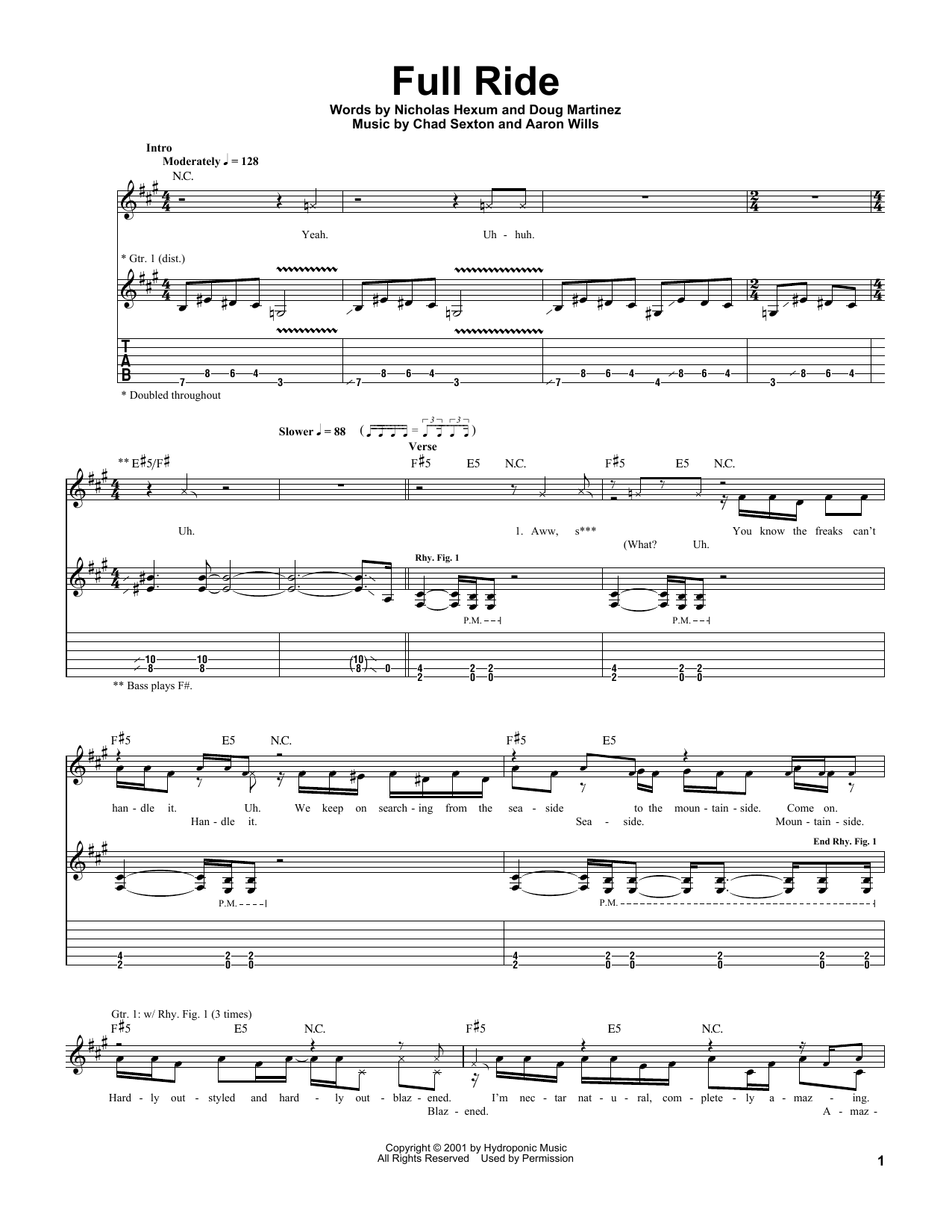 311 Full Ride Sheet Music Notes & Chords for Guitar Tab - Download or Print PDF
