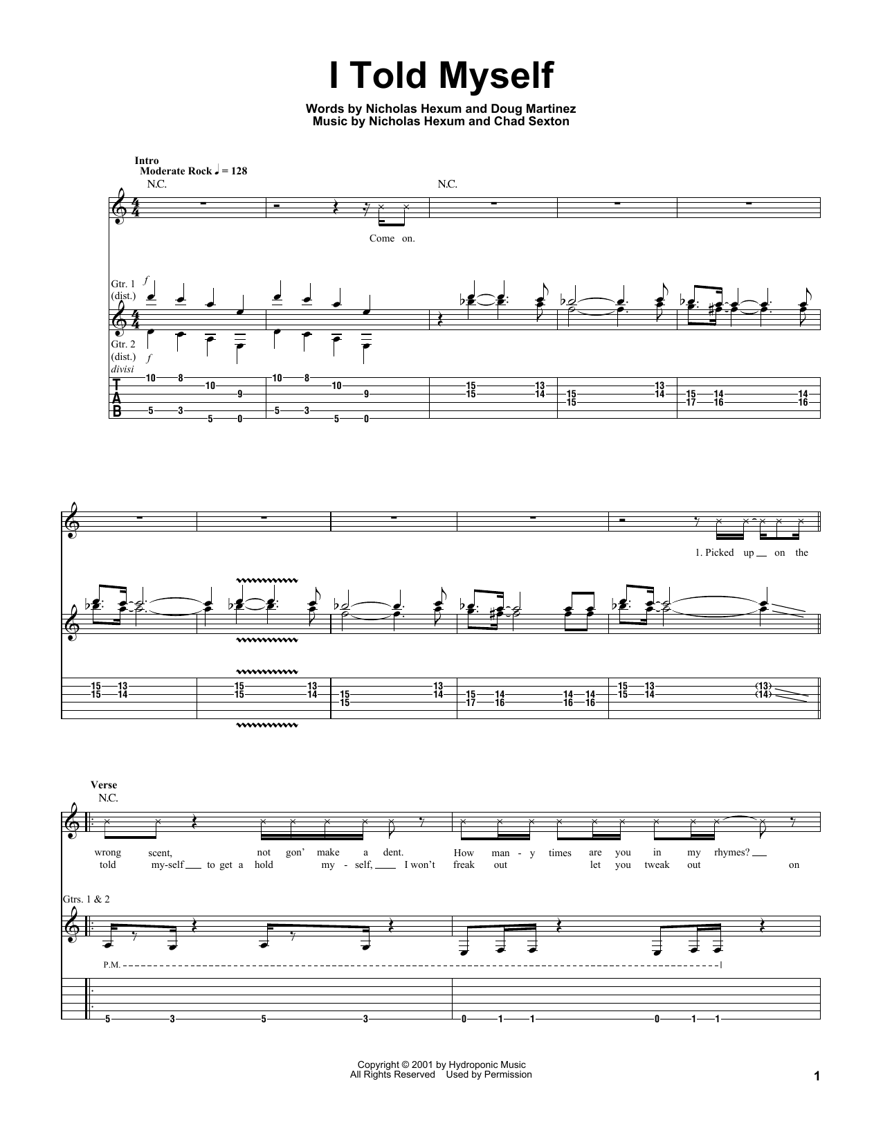 311 I Told Myself Sheet Music Notes & Chords for Guitar Tab - Download or Print PDF
