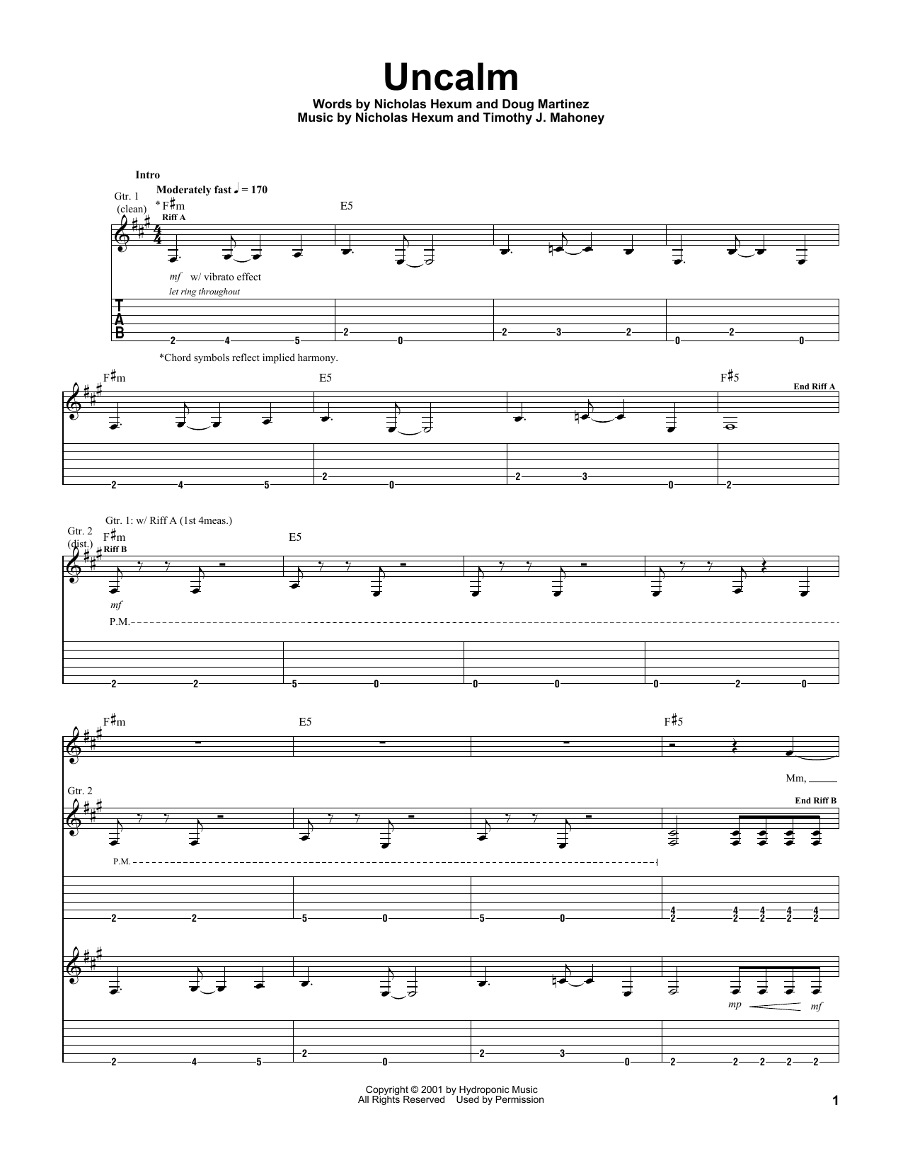 311 Uncalm Sheet Music Notes & Chords for Guitar Tab - Download or Print PDF