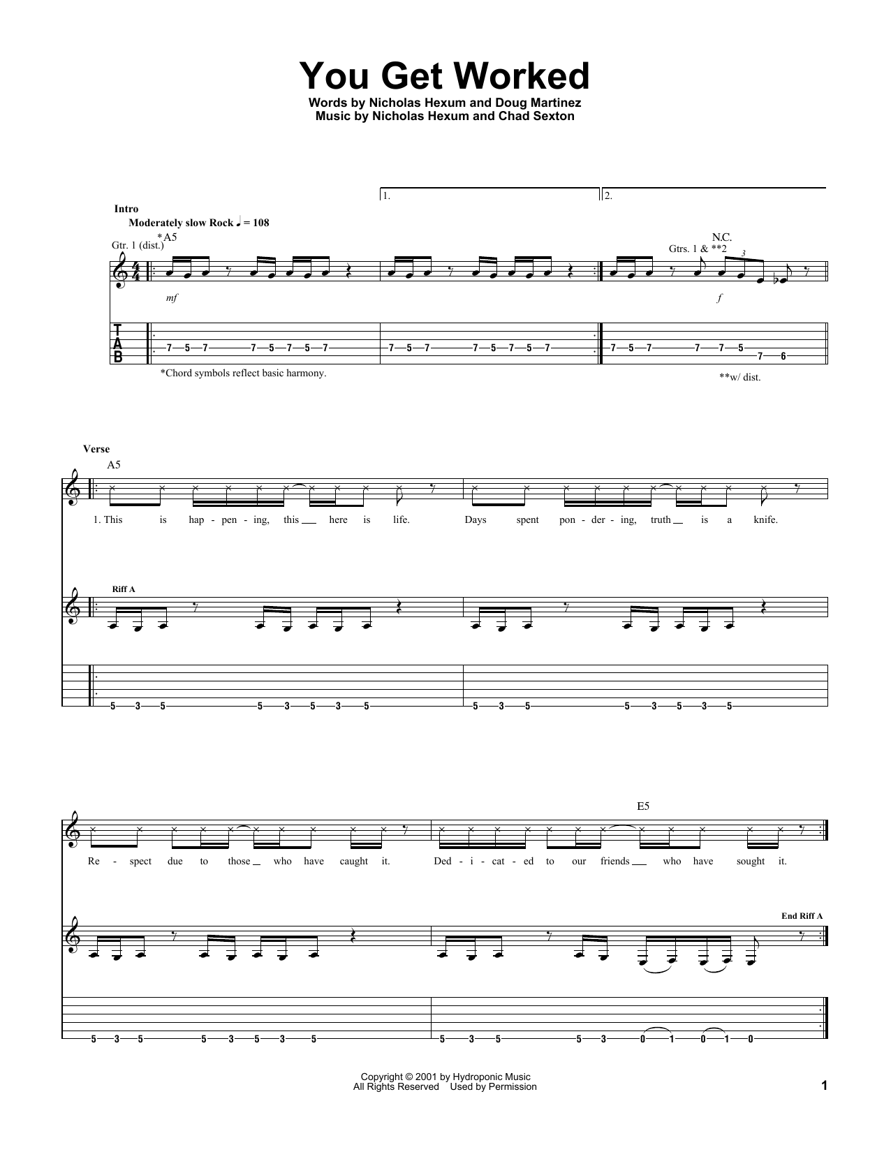 311 You Get Worked Sheet Music Notes & Chords for Guitar Tab - Download or Print PDF