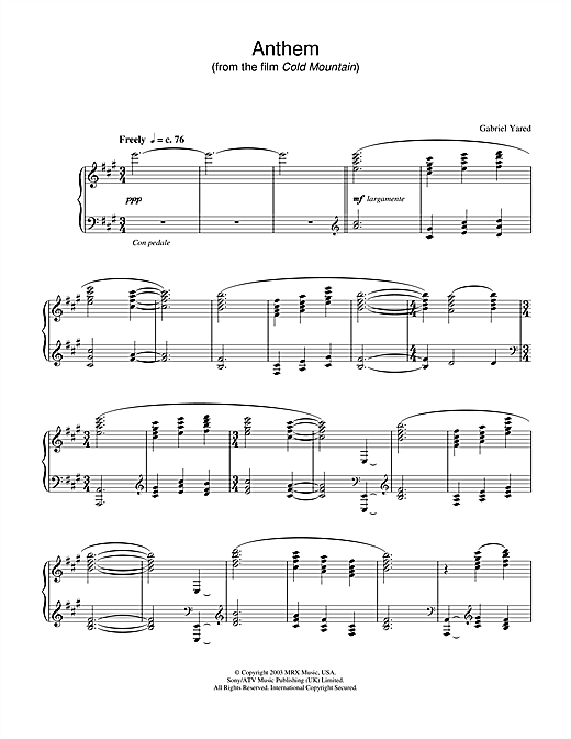 Preview Gabriel Yared Anthem (from Cold Mountain) Classical sheet music, notes and chords for Piano, SKU: 31166 sheet music, piano notes, chords, guitar tabs, score, transpose, transcribe, how to play, guide, download, learn, tutorial, progression, song, artist, awards, billboard, mtv, vh1, tour, single, album, release