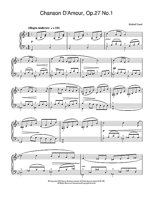 Preview Gabriel Fauré Chanson D'Amour, Op.27 No.1 Classical sheet music, notes and chords for Piano, SKU: 31192 sheet music, piano notes, chords, guitar tabs, score, transpose, transcribe, how to play, guide, download, learn, tutorial, progression, song, artist, awards, billboard, mtv, vh1, tour, single, album, release