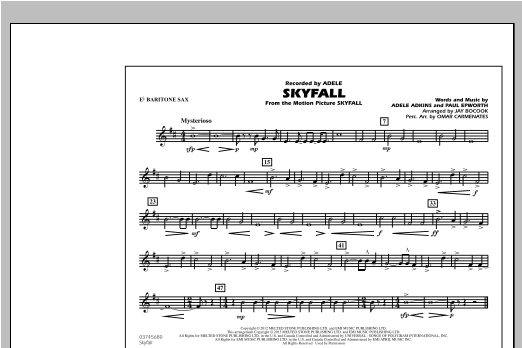 Preview Jay Bocook Skyfall - Eb Baritone Sax Film/TV sheet music, notes and chords for Marching Band, SKU: 312934 sheet music, piano notes, chords, guitar tabs, score, transpose, transcribe, how to play, guide, download, learn, tutorial, progression, song, artist, awards, billboard, mtv, vh1, tour, single, album, release
