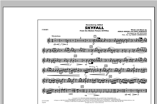 Preview Jay Bocook Skyfall - F Horn Film/TV sheet music, notes and chords for Marching Band, SKU: 312938 sheet music, piano notes, chords, guitar tabs, score, transpose, transcribe, how to play, guide, download, learn, tutorial, progression, song, artist, awards, billboard, mtv, vh1, tour, single, album, release