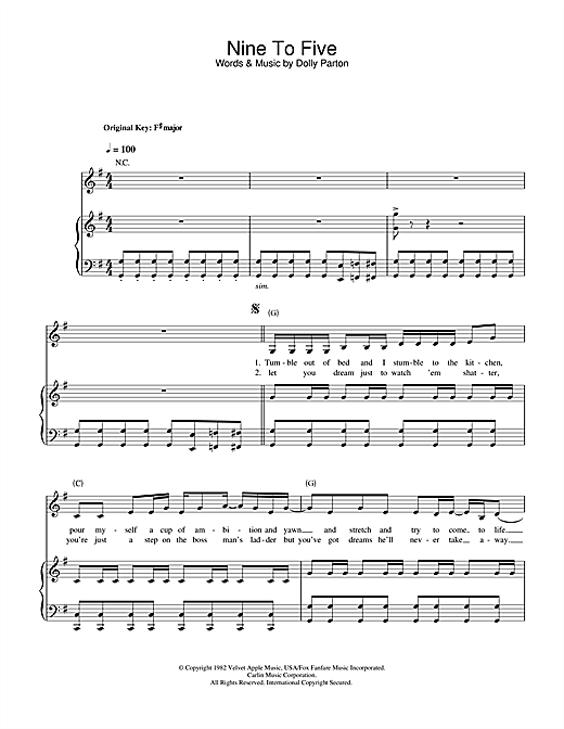 Preview Dolly Parton Nine To Five Country sheet music, notes and chords for Piano, Vocal & Guitar, SKU: 32068 sheet music, piano notes, chords, guitar tabs, score, transpose, transcribe, how to play, guide, download, learn, tutorial, progression, song, artist, awards, billboard, mtv, vh1, tour, single, album, release