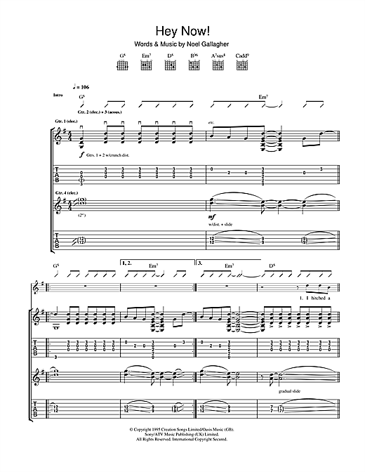 Preview Oasis Hey Now Rock sheet music, notes and chords for Guitar Tab, SKU: 32748 Hey Now sheet music