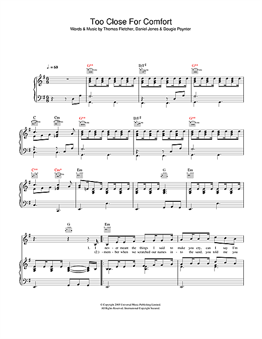 Preview McFly Too Close For Comfort Pop sheet music, notes and chords for Piano, Vocal & Guitar (Right-Hand Melody), SKU: 33006 Too Close For Comfort sheet music
