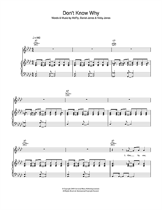 Preview McFly Don't Know Why Pop sheet music, notes and chords for Piano, Vocal & Guitar (Right-Hand Melody), SKU: 33009 Don't Know Why sheet music