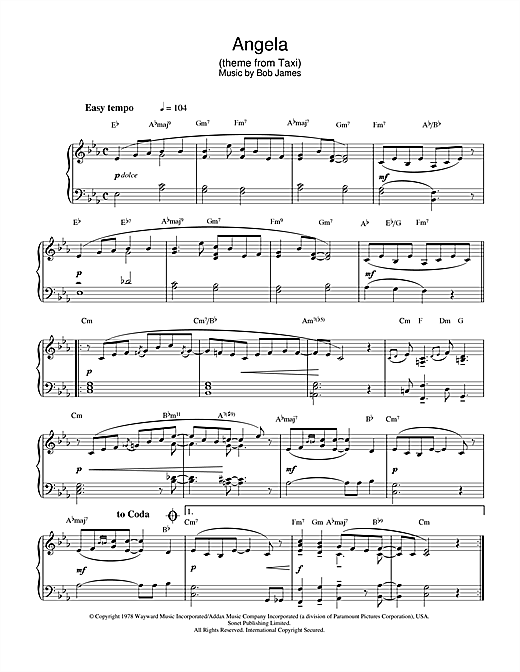 Preview Bob James Angela (theme from Taxi) Film and TV sheet music, notes and chords for Piano, SKU: 33016 sheet music, piano notes, chords, guitar tabs, score, transpose, transcribe, how to play, guide, download, learn, tutorial, progression, song, artist, awards, billboard, mtv, vh1, tour, single, album, release