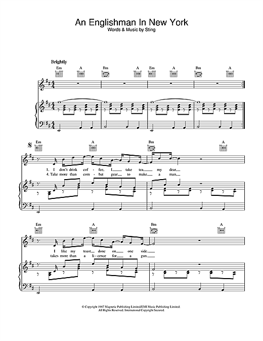 Sting An Englishman In New York Sheet Music Notes Chords Download Pop Notes Piano Vocal Guitar Right Hand Melody Pdf Print 33249