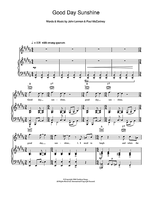 The Beatles Good Day Sunshine Sheet Music Notes Chords Download Pop Notes Piano Vocal Guitar Pdf Print 33478