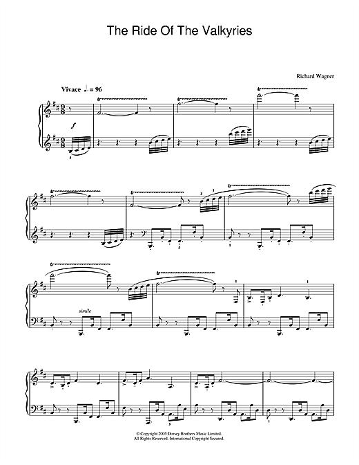 Preview Richard Wagner The Ride Of The Valkyries Classical sheet music, notes and chords for Piano, SKU: 33667 sheet music, piano notes, chords, guitar tabs, score, transpose, transcribe, how to play, guide, download, learn, tutorial, progression, song, artist, awards, billboard, mtv, vh1, tour, single, album, release