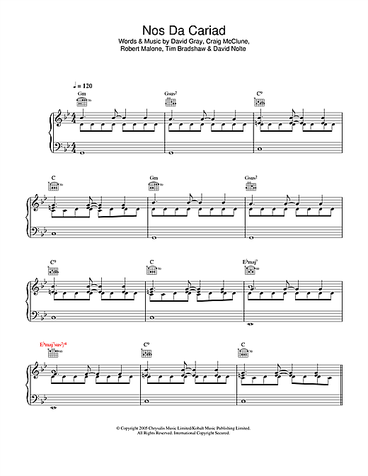 David Gray Nos Da Cariad Sheet Music Notes Chords Download Pop Notes Piano Vocal Guitar Pdf Print 33861