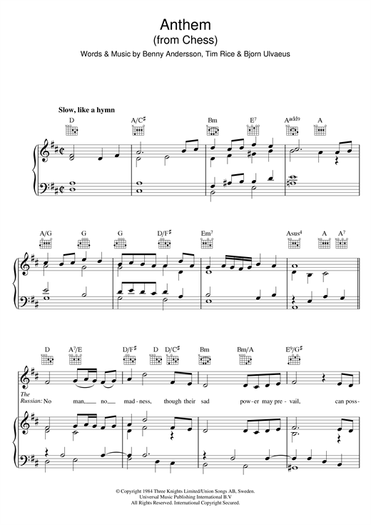 Benny Andersson Anthem From Chess Sheet Music Download Pdf Score 34264