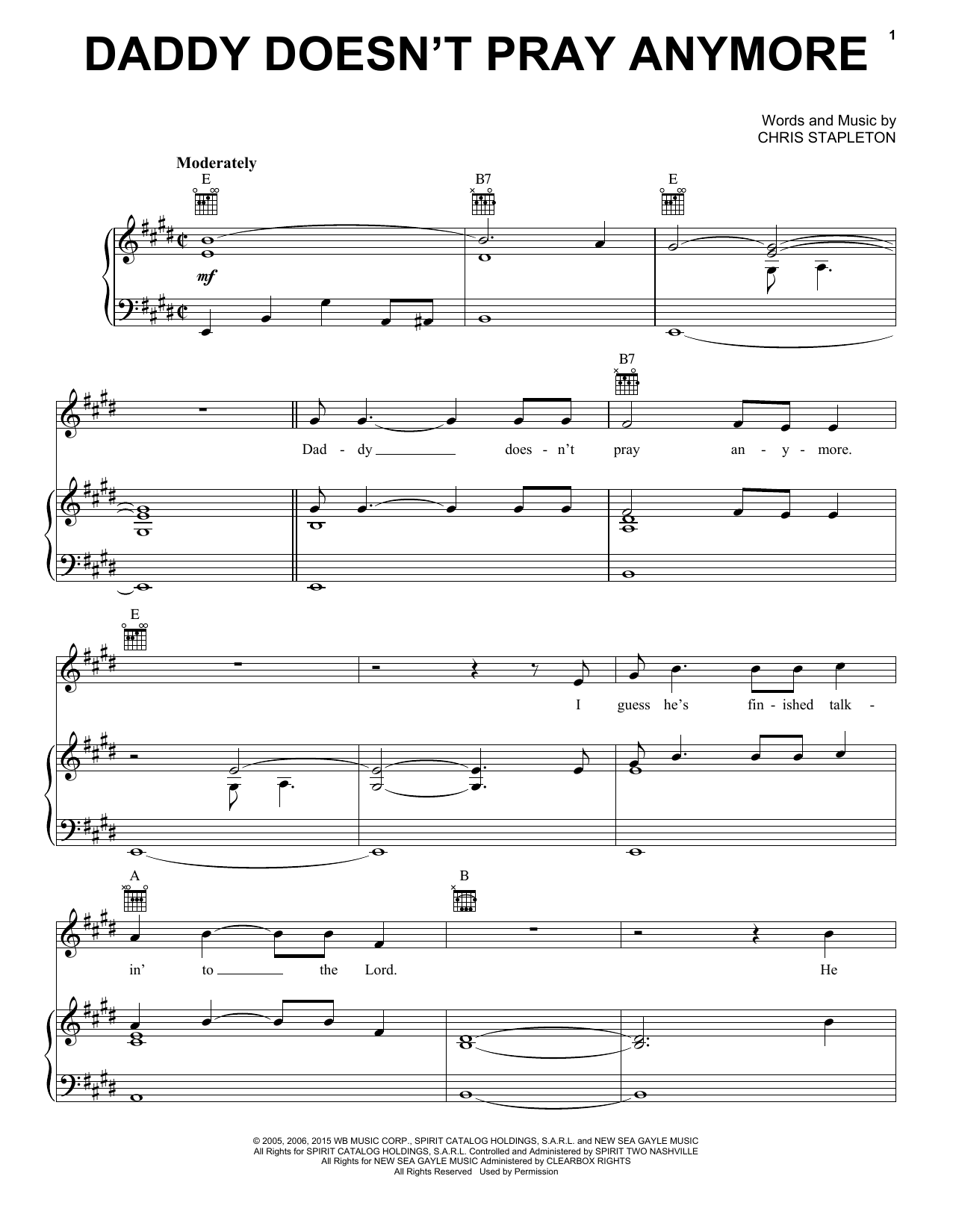Preview Chris Stapleton Daddy Doesn't Pray Anymore Pop sheet music, notes and chords for Piano, Vocal & Guitar (Right-Hand Melody), SKU: 361580 sheet music, piano notes, chords, guitar tabs, score, transpose, transcribe, how to play, guide, download, learn, tutorial, progression, song, artist, awards, billboard, mtv, vh1, tour, single, album, release