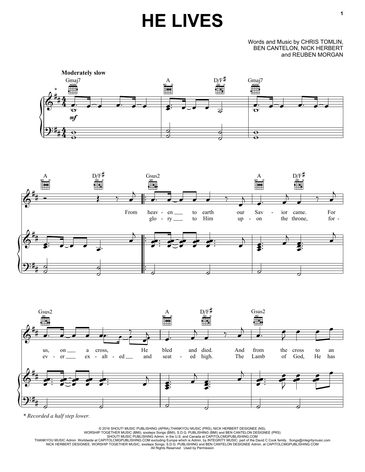Preview Chris Tomlin He Lives Pop sheet music, notes and chords for Piano, Vocal & Guitar (Right-Hand Melody), SKU: 361615 sheet music, piano notes, chords, guitar tabs, score, transpose, transcribe, how to play, guide, download, learn, tutorial, progression, song, artist, awards, billboard, mtv, vh1, tour, single, album, release
