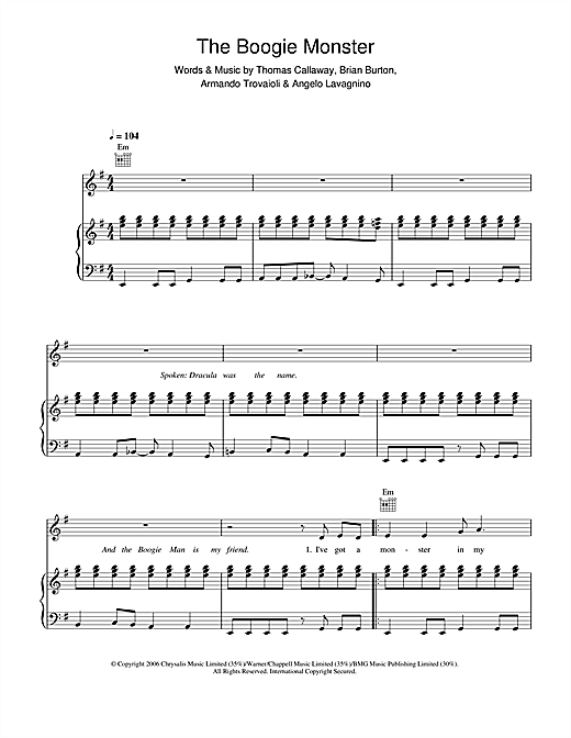 Preview Gnarls Barkley The Boogie Monster Pop sheet music, notes and chords for Piano, Vocal & Guitar, SKU: 37104 The Boogie Monster sheet music