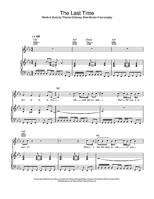 Preview Gnarls Barkley The Last Time Pop sheet music, notes and chords for Piano, Vocal & Guitar, SKU: 37110 The Last Time sheet music