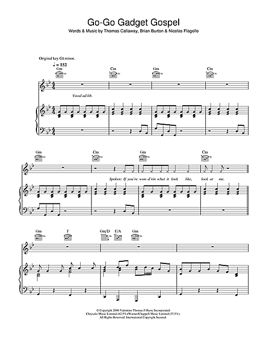 Preview Gnarls Barkley Go-Go Gadget Gospel Pop sheet music, notes and chords for Piano, Vocal & Guitar, SKU: 37119 Go-Go Gadget Gospel sheet music