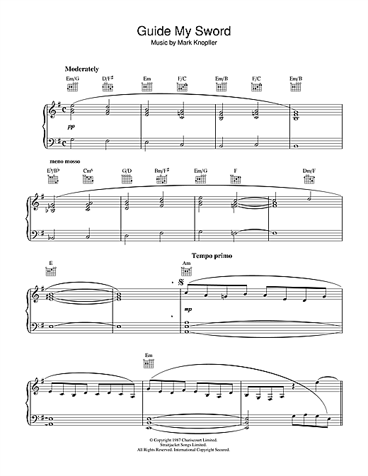 Preview Mark Knopfler Guide My Sword (from The Princess Bride) Rock sheet music, notes and chords for Piano, SKU: 37189 sheet music, piano notes, chords, guitar tabs, score, transpose, transcribe, how to play, guide, download, learn, tutorial, progression, song, artist, awards, billboard, mtv, vh1, tour, single, album, release