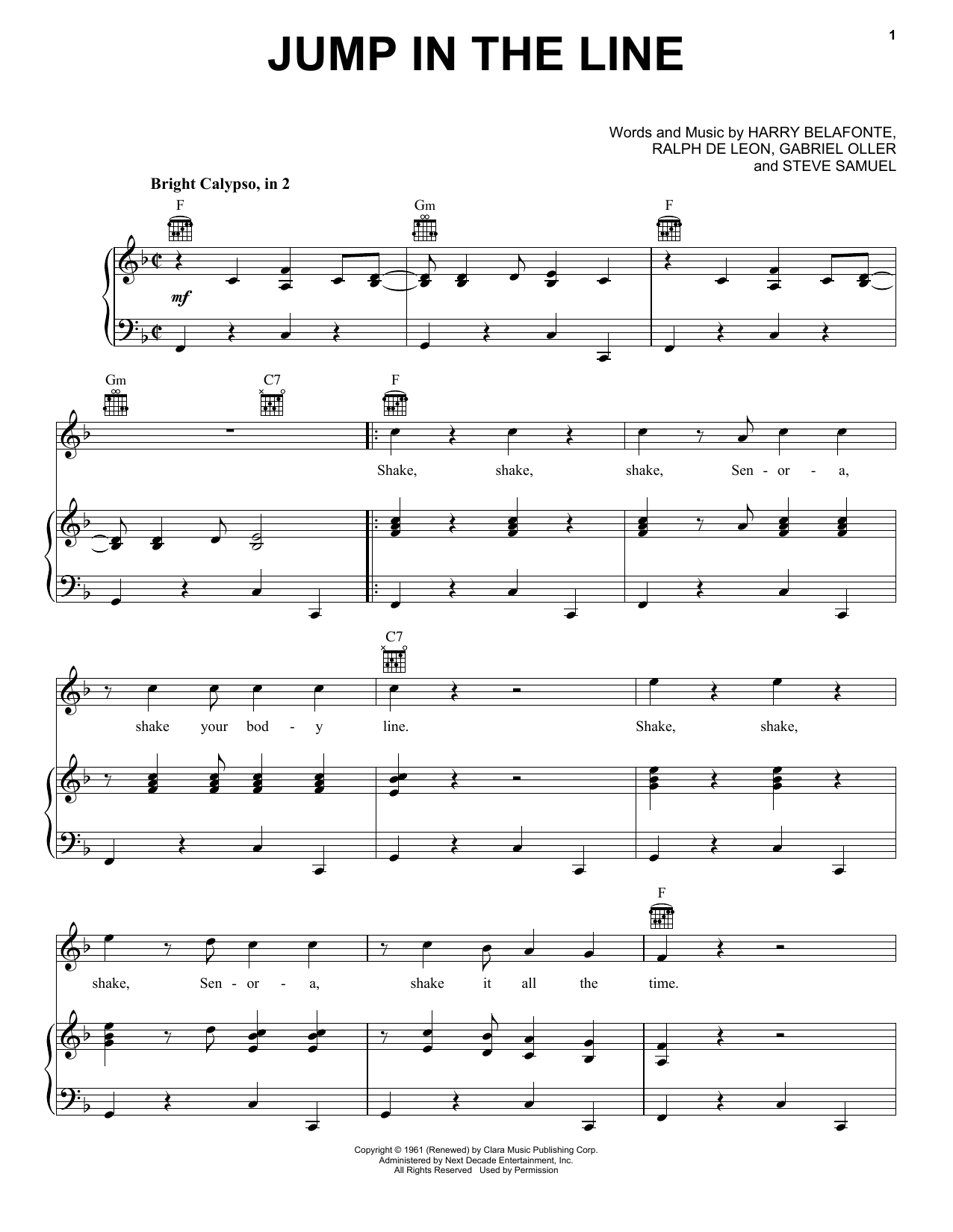Preview Harry Belafonte Jump In The Line Calypso sheet music, notes and chords for Piano, Vocal & Guitar (Right-Hand Melody), SKU: 372908 sheet music, piano notes, chords, guitar tabs, score, transpose, transcribe, how to play, guide, download, learn, tutorial, progression, song, artist, awards, billboard, mtv, vh1, tour, single, album, release