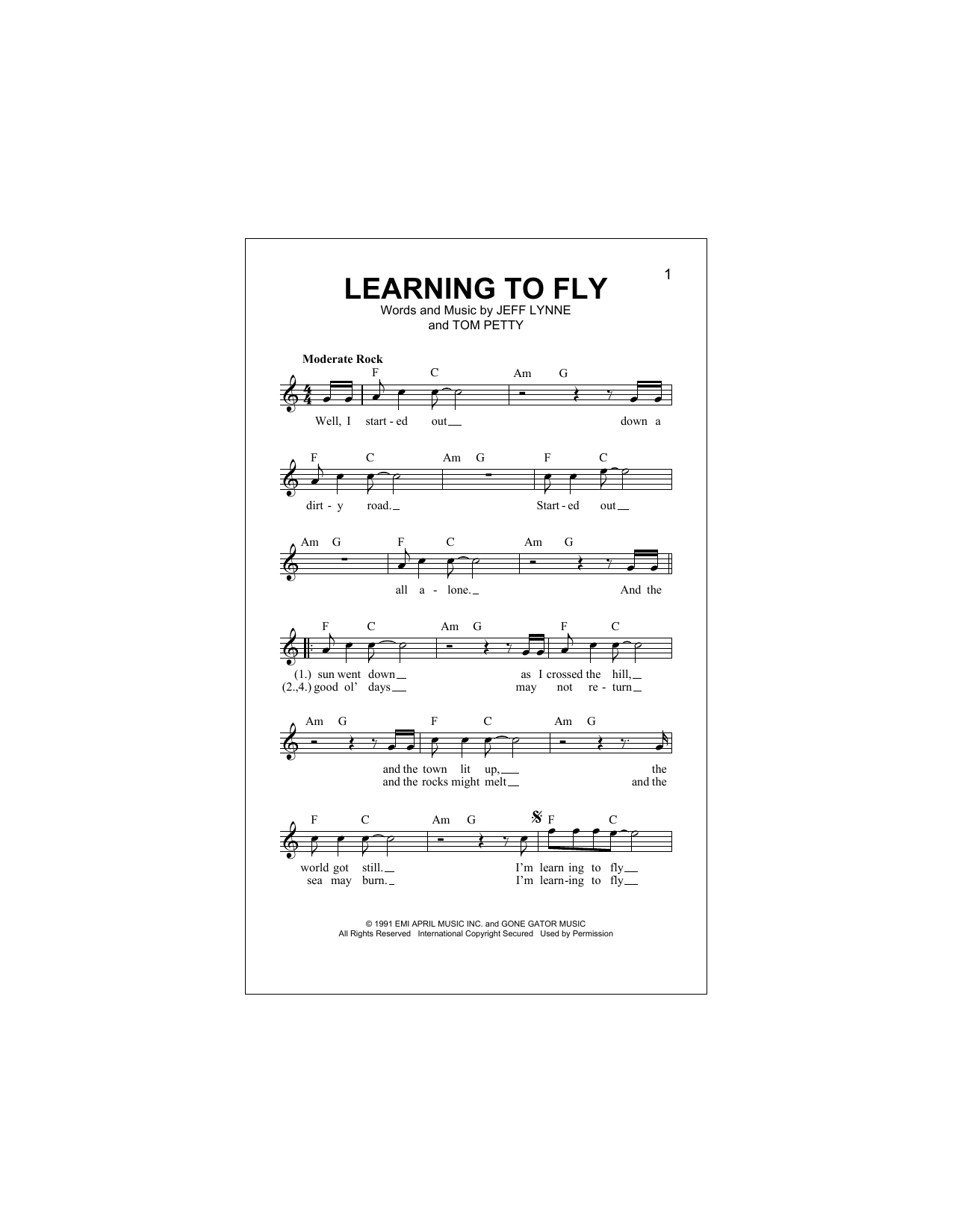 Tom Petty Learning To Fly Chords, Sheet Music Notes | Download Pop.